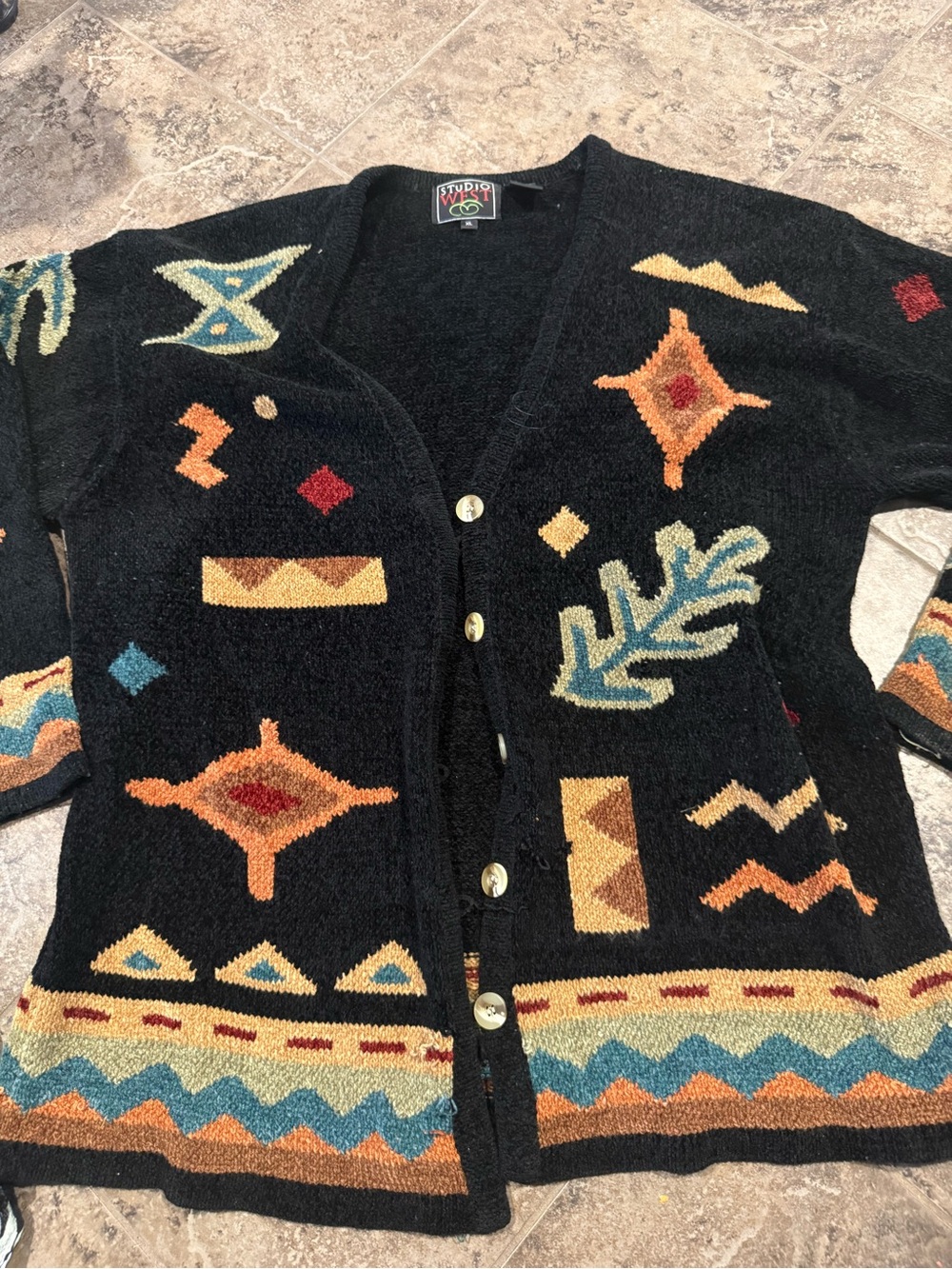 🧇Studio West Black Patterned Button-Front Women's Sweater has some imperfections